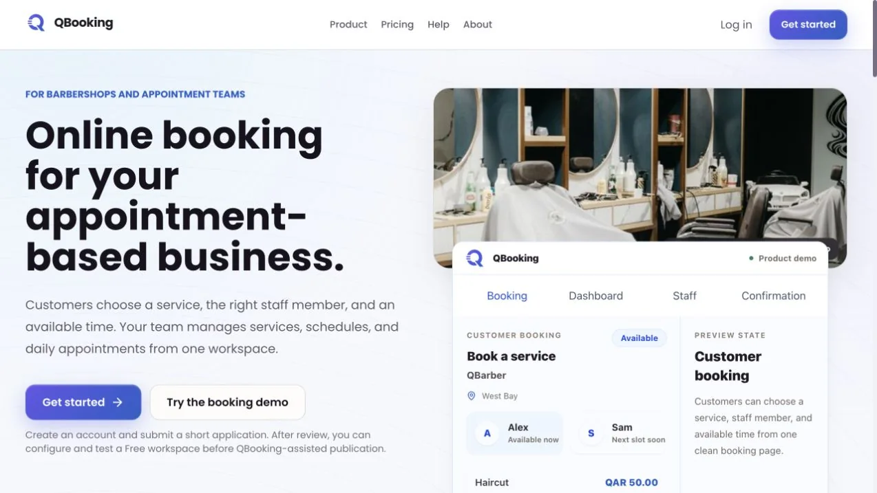 QBooking public homepage showing its barbershop-focused booking product demonstration